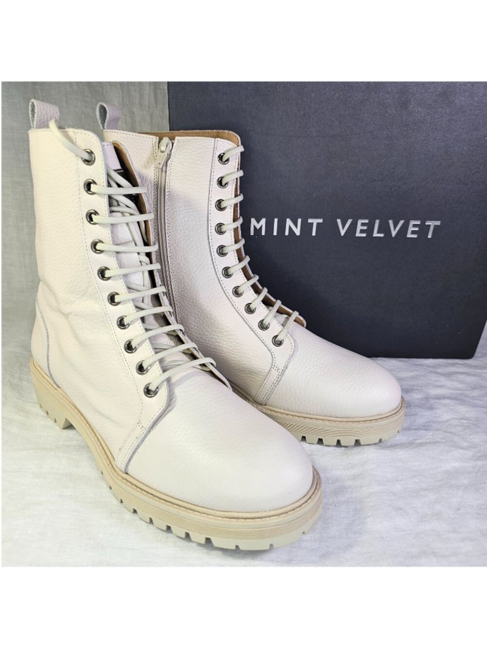 NWT! Mint Velvet Myra Leather Combat Lace Up Biker Boots EU40 US9 Neutral